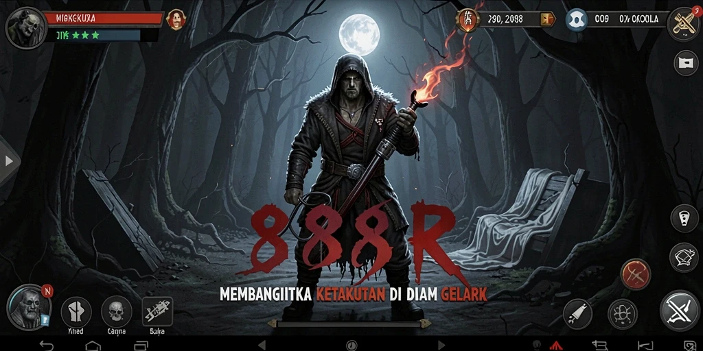 Gameplay 888R dengan suasana mencekam dan efek menakutkan.
