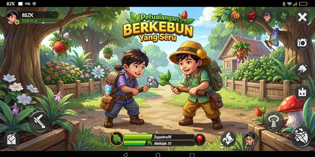 Screenshot utama 8ZK menampilkan kebun yang subur dan aktif.