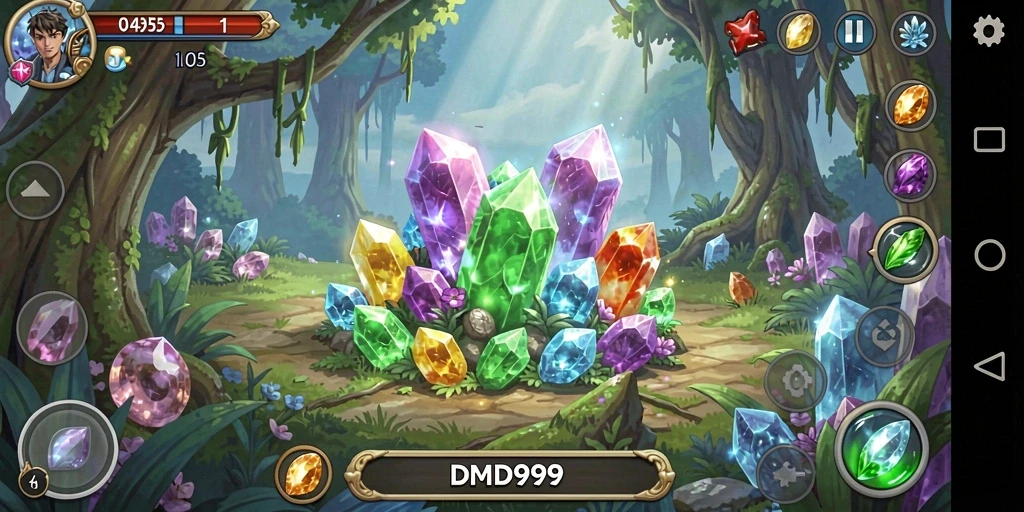 Screenshot gameplay DMD999 menampilkan menakjubkan permata yang berwarna-warni.