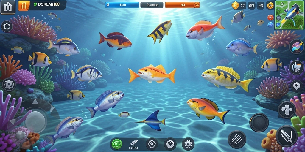Screenshot dari gameplay DOREMI88 yang menampilkan aksi menembak ikan.