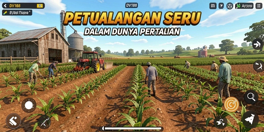 Screenshot utama DV188 menampilkan momen seru saat panen di kebun.