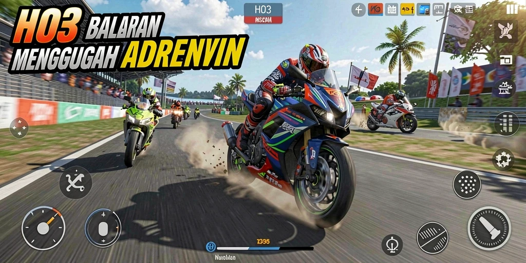 Screenshot gameplay H03 menunjukkan balapan motor yang mendebarkan.