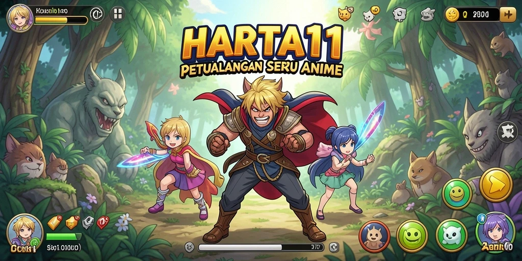Screenshot gameplay HARTA11 menampilkan pertarungan seru dengan karakter Anime.