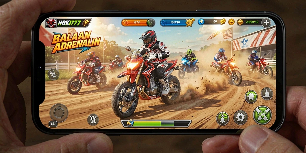 Tampilan gameplay HOKI777 yang mengasyikkan dan penuh aksi balapan motor.