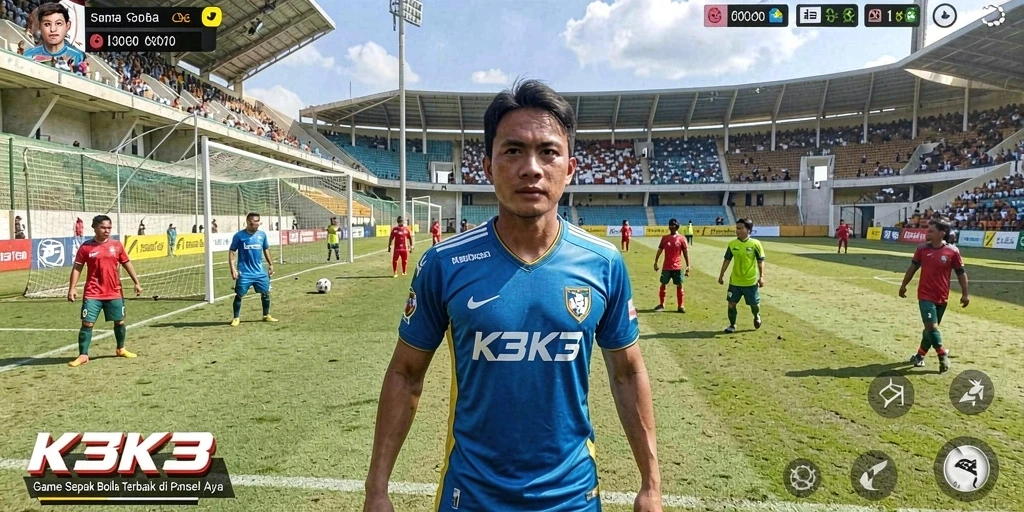 Screenshot yang menampilkan aksi seru di lapangan sepak bola K3K3.