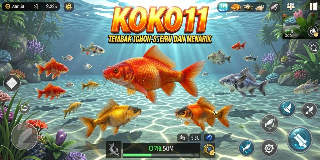 Screenshot gameplay KOKO11 menampilkan aksi seru menangkap ikan.