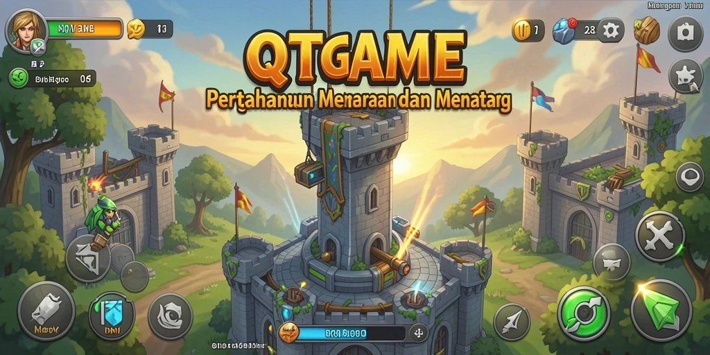 Tampilan gameplay QTGAME menampilkan pertarungan mendebarkan antara menara dan musuh.