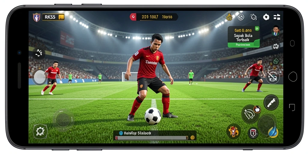 Screenshot gameplay RK55 menampilkan aksi seru di lapangan sepak bola.