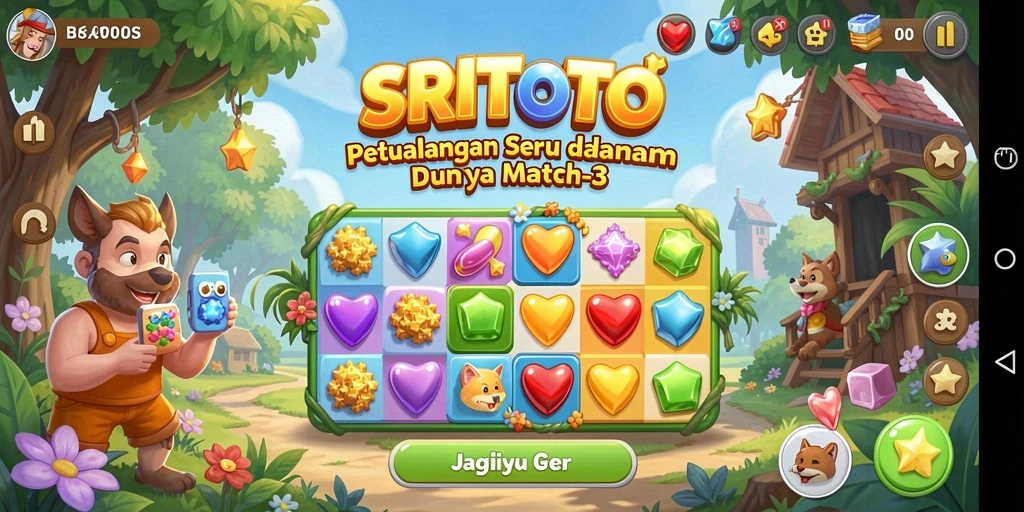 Tampilan menarik gameplay dalam SRITOTO dengan mekanisme match-3 yang seru.